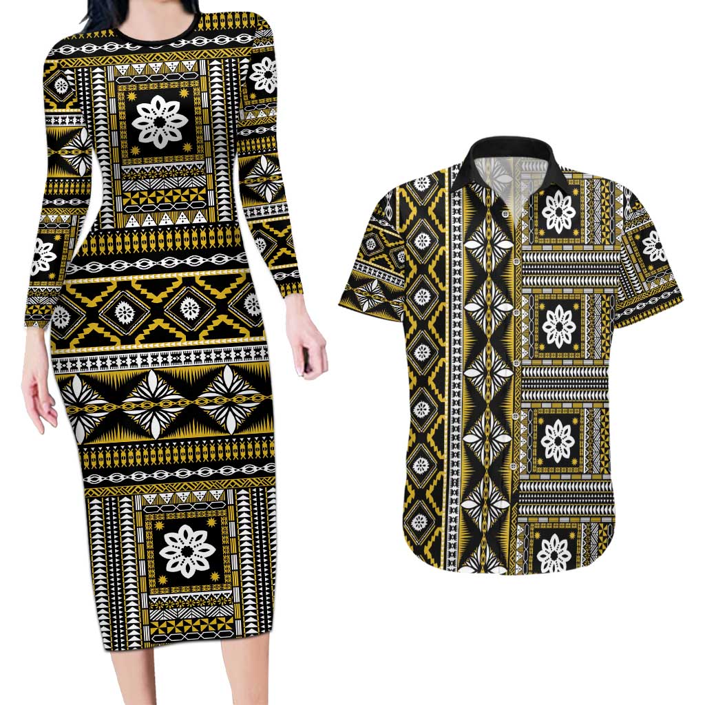 Fiji Masi Tapa Pattern Yellow Couples Matching Long Sleeve Bodycon Dress and Hawaiian Shirt - Polynesian Pride