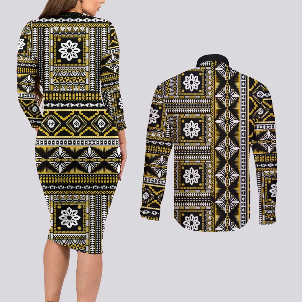 Fiji Masi Tapa Pattern Yellow Couples Matching Long Sleeve Bodycon Dress and Long Sleeve Button Shirt - Polynesian Pride