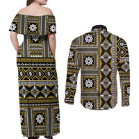 Fiji Masi Tapa Pattern Yellow Couples Matching Off Shoulder Maxi Dress and Long Sleeve Button Shirt - Polynesian Pride