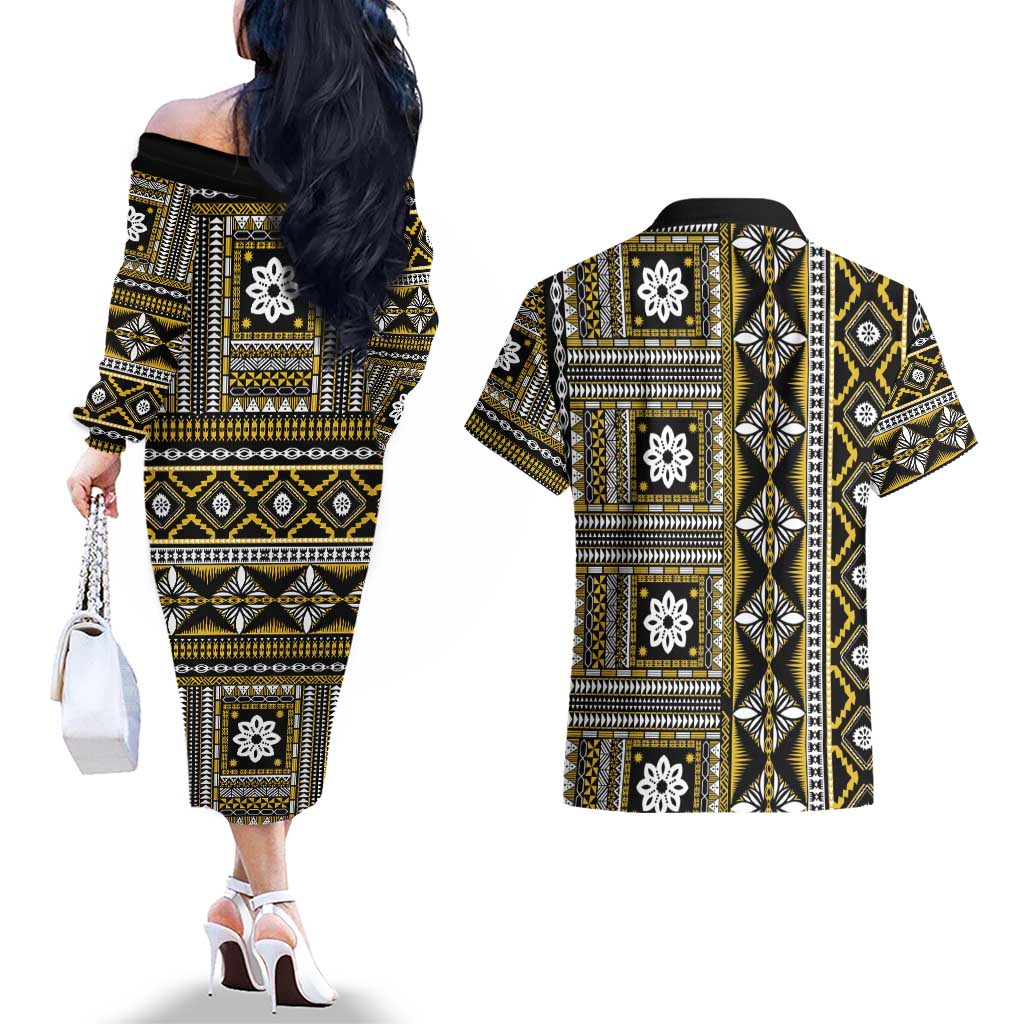 Fiji Masi Tapa Pattern Yellow Couples Matching Off The Shoulder Long Sleeve Dress and Hawaiian Shirt - Polynesian Pride