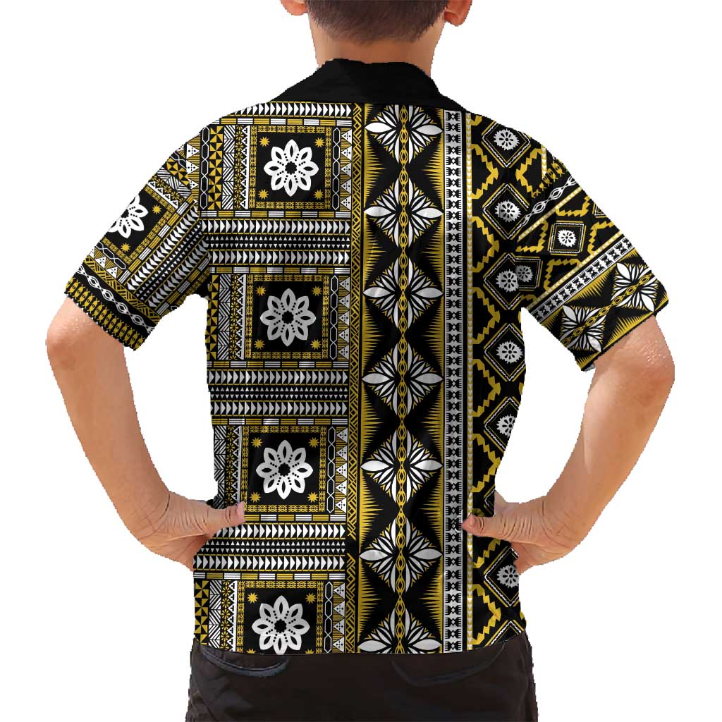 Fiji Masi Tapa Pattern Yellow Family Matching Long Sleeve Bodycon Dress and Hawaiian Shirt - Polynesian Pride