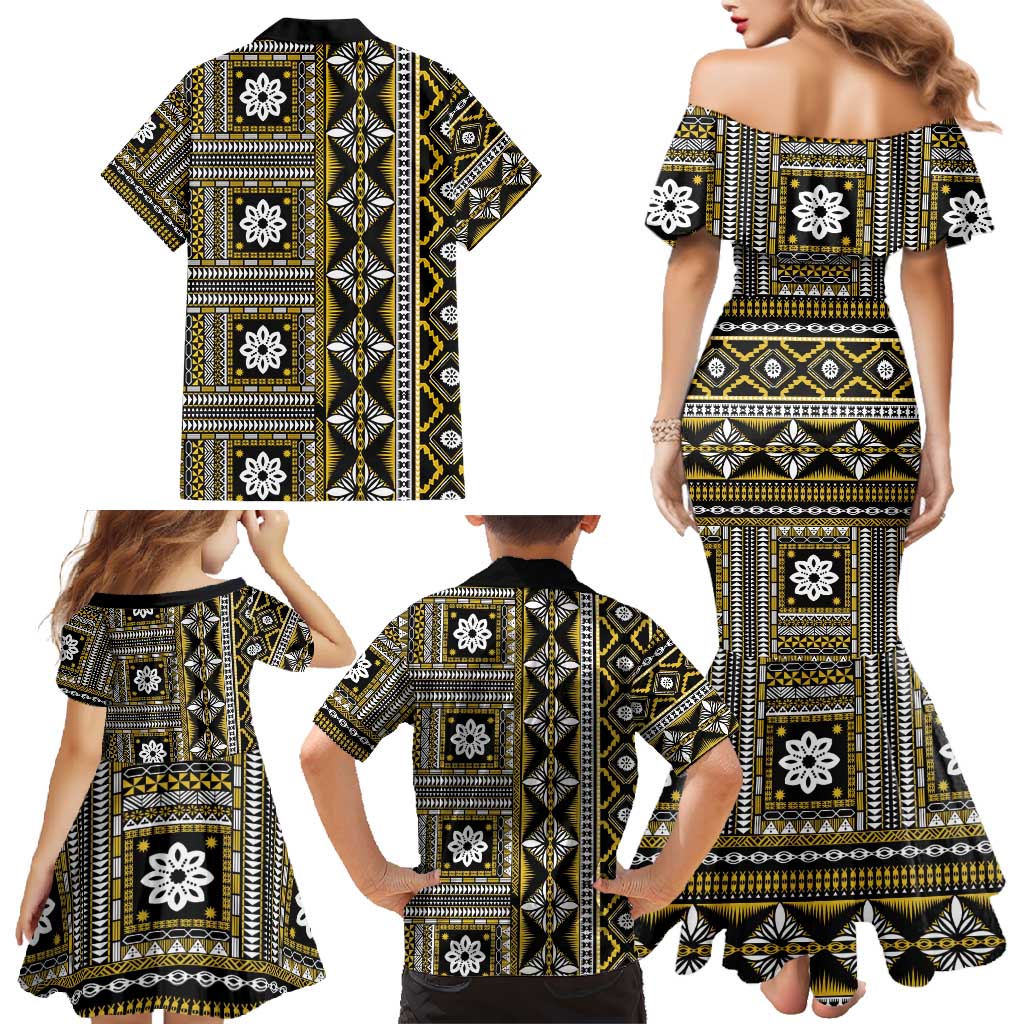 Fiji Masi Tapa Pattern Yellow Family Matching Mermaid Dress and Hawaiian Shirt - Polynesian Pride