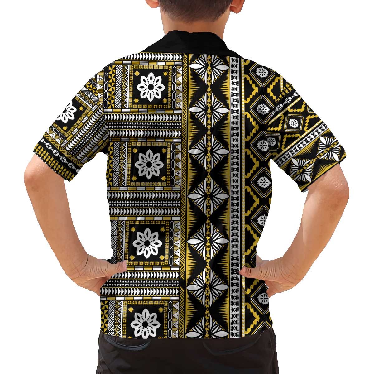 Fiji Masi Tapa Pattern Yellow Family Matching Off The Shoulder Long Sleeve Dress and Hawaiian Shirt - Polynesian Pride