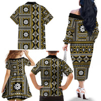 Fiji Masi Tapa Pattern Yellow Family Matching Off The Shoulder Long Sleeve Dress and Hawaiian Shirt - Polynesian Pride