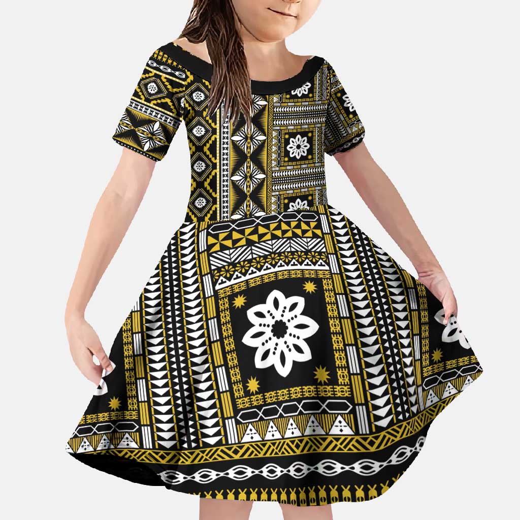 Fiji Masi Tapa Pattern Yellow Family Matching Off Shoulder Maxi Dress and Hawaiian Shirt - Polynesian Pride