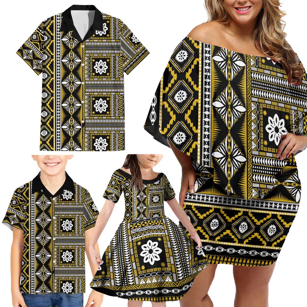 Fiji Masi Tapa Pattern Yellow Family Matching Off Shoulder Short Dress and Hawaiian Shirt - Polynesian Pride