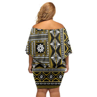 Fiji Masi Tapa Pattern Yellow Family Matching Off Shoulder Short Dress and Hawaiian Shirt - Polynesian Pride