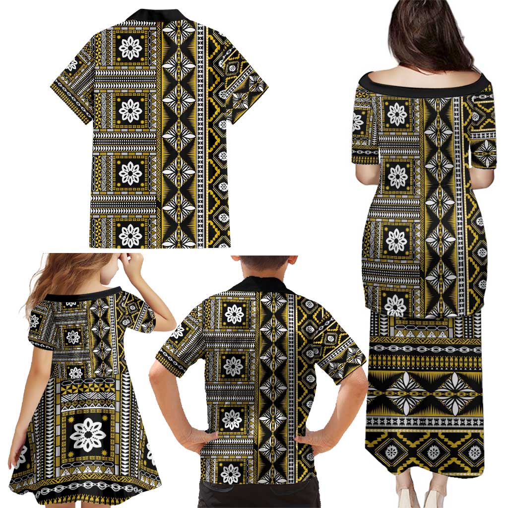 Fiji Masi Tapa Pattern Yellow Family Matching Puletasi and Hawaiian Shirt - Polynesian Pride