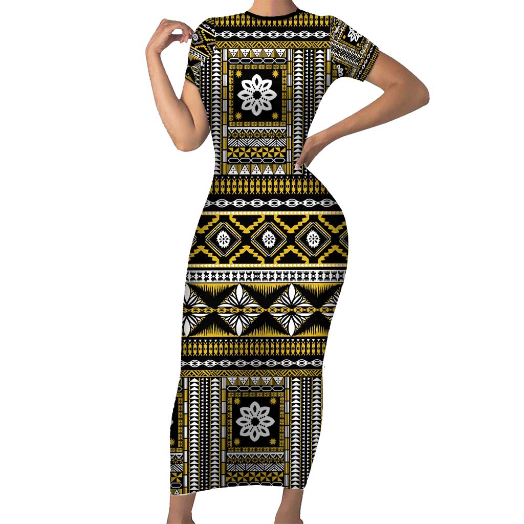 Fiji Masi Tapa Pattern Yellow Family Matching Short Sleeve Bodycon Dress and Hawaiian Shirt - Polynesian Pride