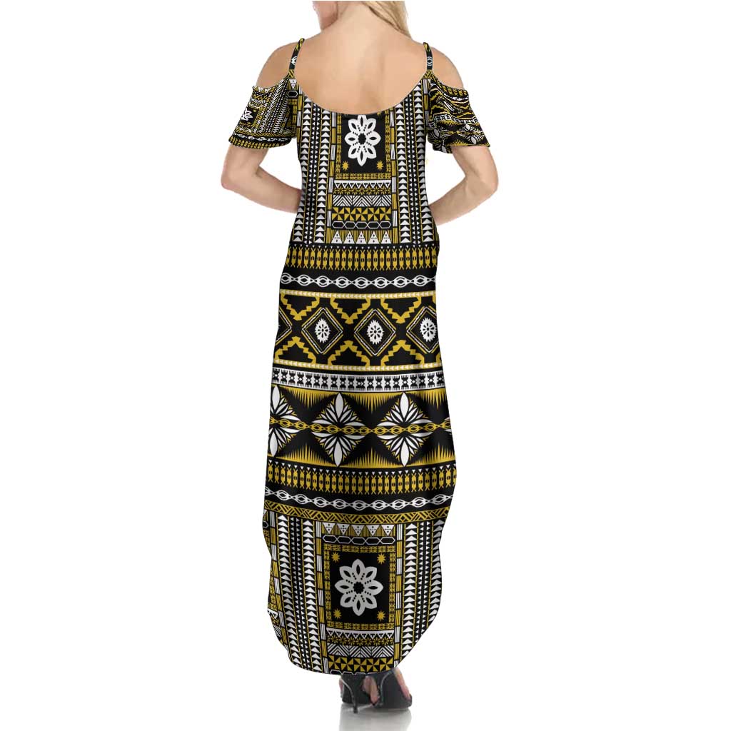 Fiji Masi Tapa Pattern Yellow Family Matching Summer Maxi Dress and Hawaiian Shirt - Polynesian Pride