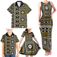Fiji Masi Tapa Pattern Yellow Family Matching Tank Maxi Dress and Hawaiian Shirt - Polynesian Pride