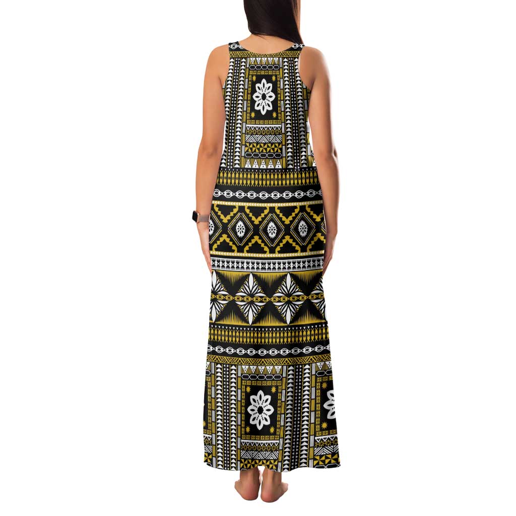 Fiji Masi Tapa Pattern Yellow Family Matching Tank Maxi Dress and Hawaiian Shirt - Polynesian Pride