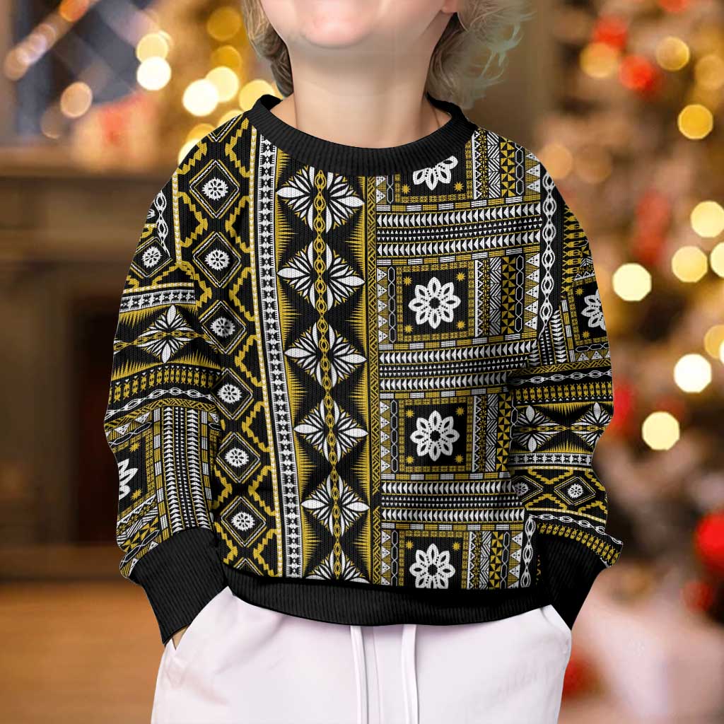 Fiji Masi Tapa Pattern Yellow Kid Ugly Christmas Sweater - Polynesian Pride