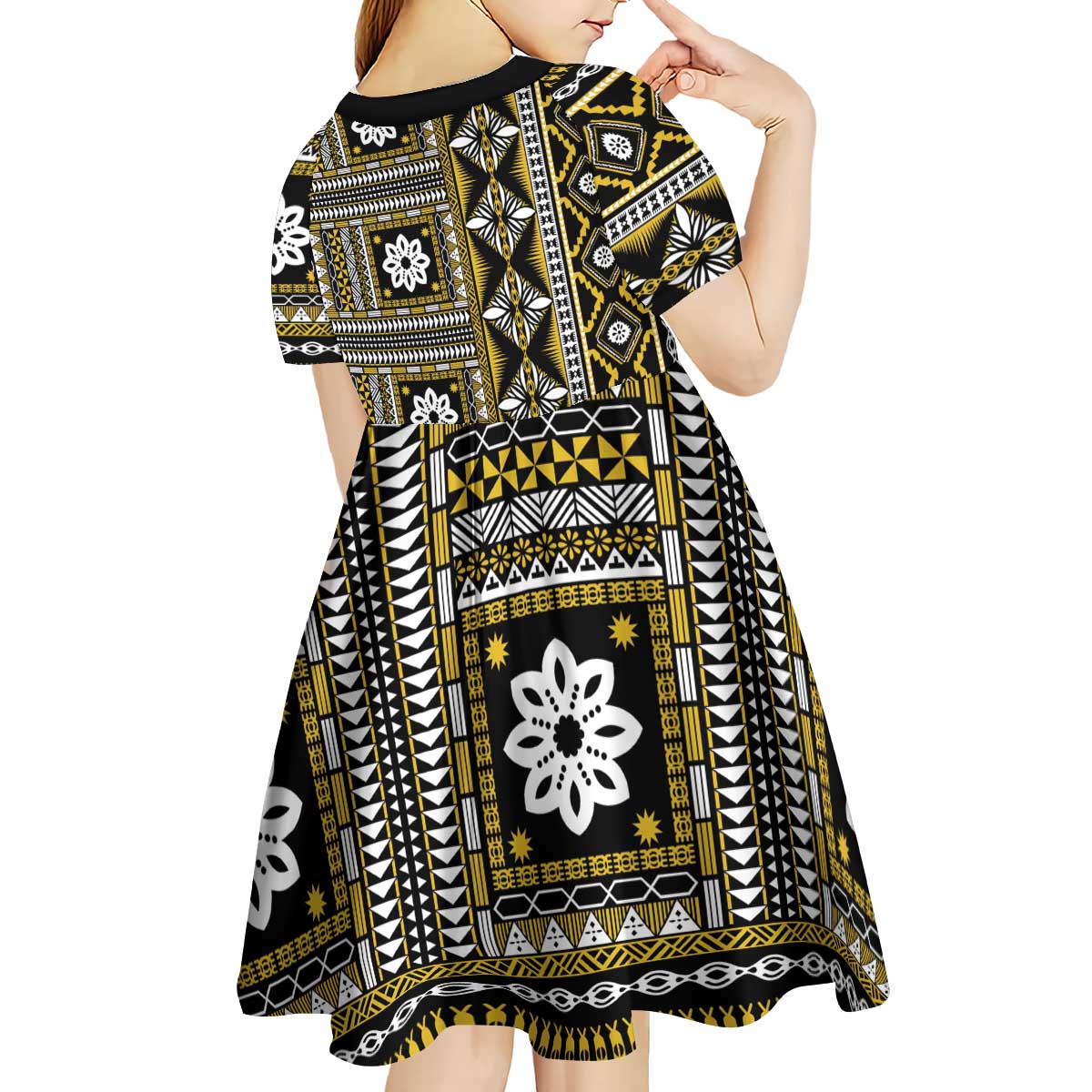 Fiji Masi Tapa Pattern Yellow Kid Short Sleeve Dress - Polynesian Pride