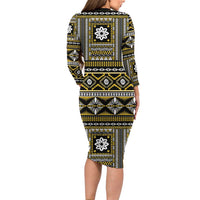 Fiji Masi Tapa Pattern Yellow Long Sleeve Bodycon Dress - Polynesian Pride