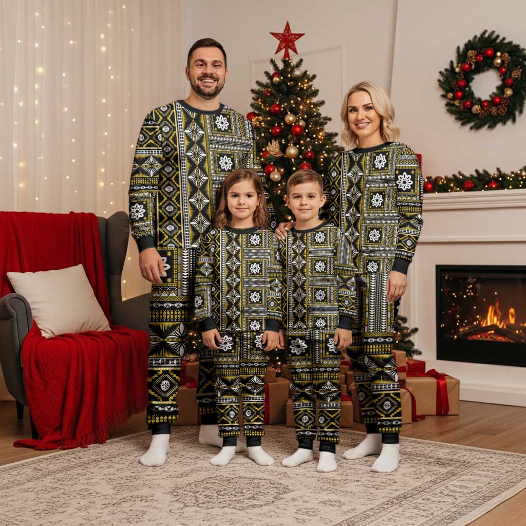 Fiji Masi Tapa Pattern Yellow Christmas Pajama Set - Polynesian Pride