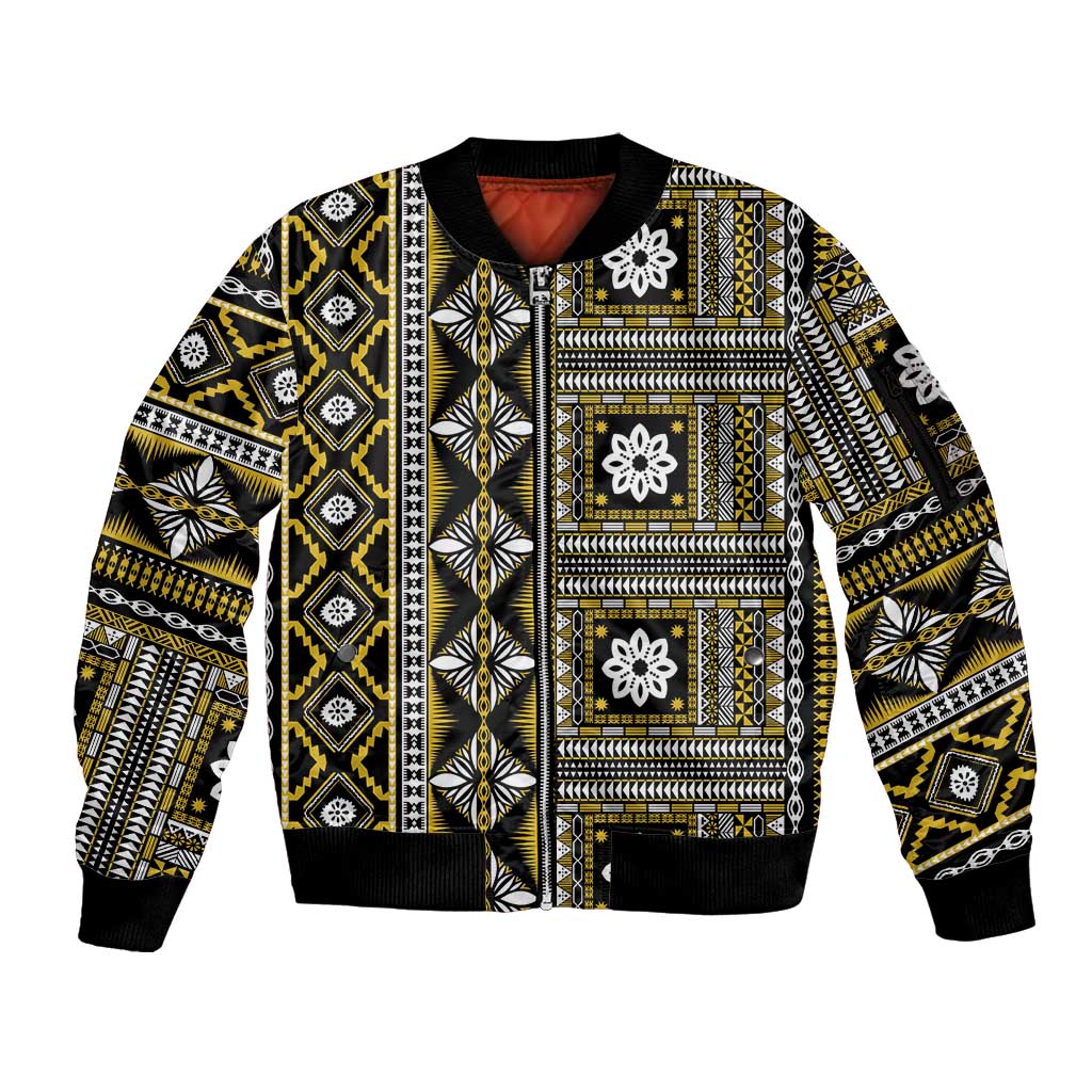 Fiji Masi Tapa Pattern Yellow Sleeve Zip Bomber Jacket - Polynesian Pride
