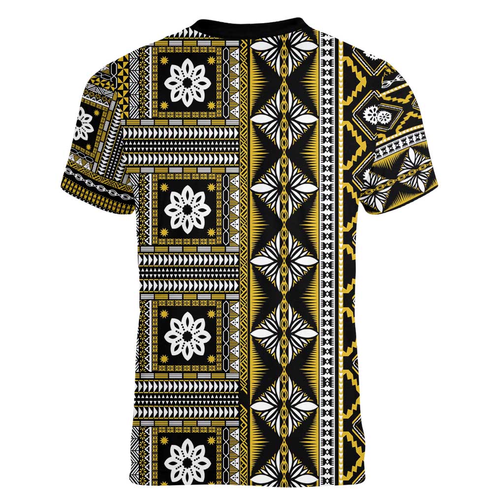 Fiji Masi Tapa Pattern Yellow Women V-Neck T-Shirt - Polynesian Pride