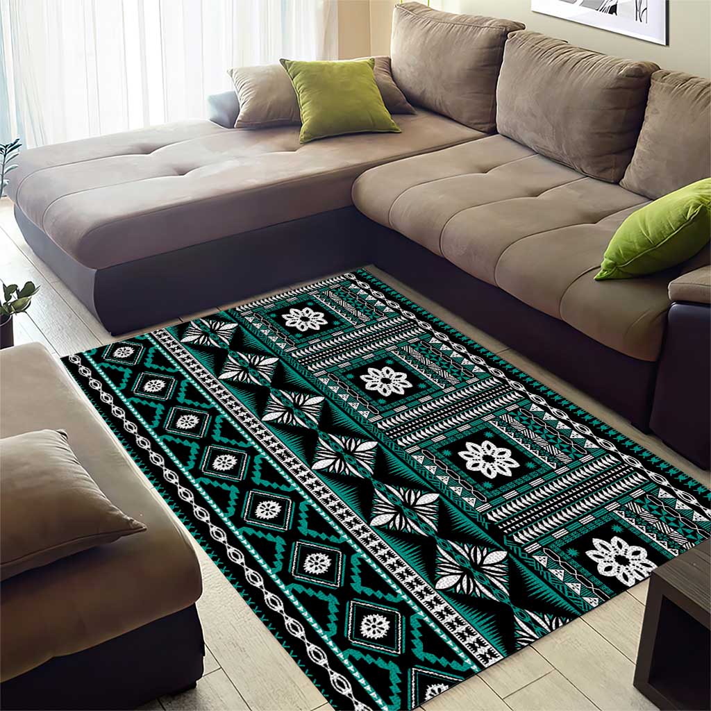 Fiji Masi Tapa Pattern Teal Area Rug - Polynesian Pride