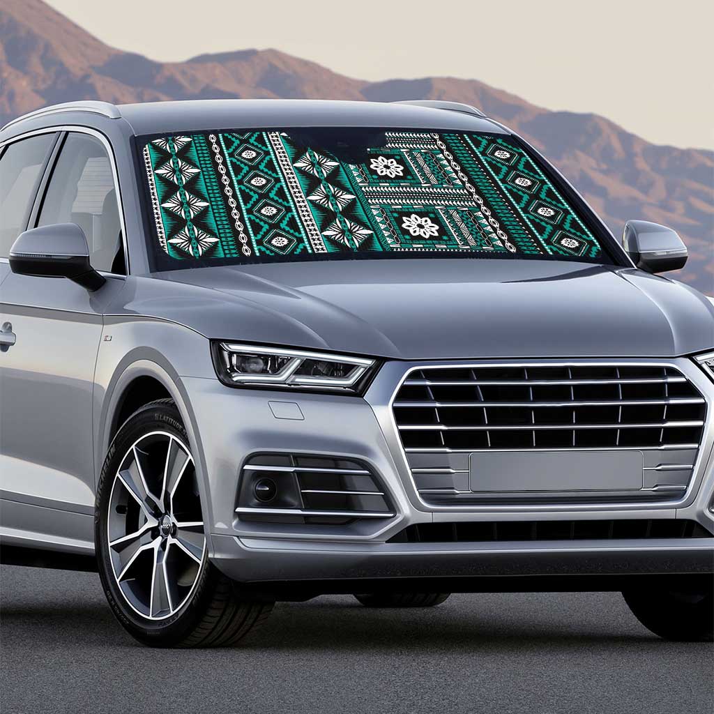 Fiji Masi Tapa Pattern Teal Auto Sun Shade - Polynesian Pride