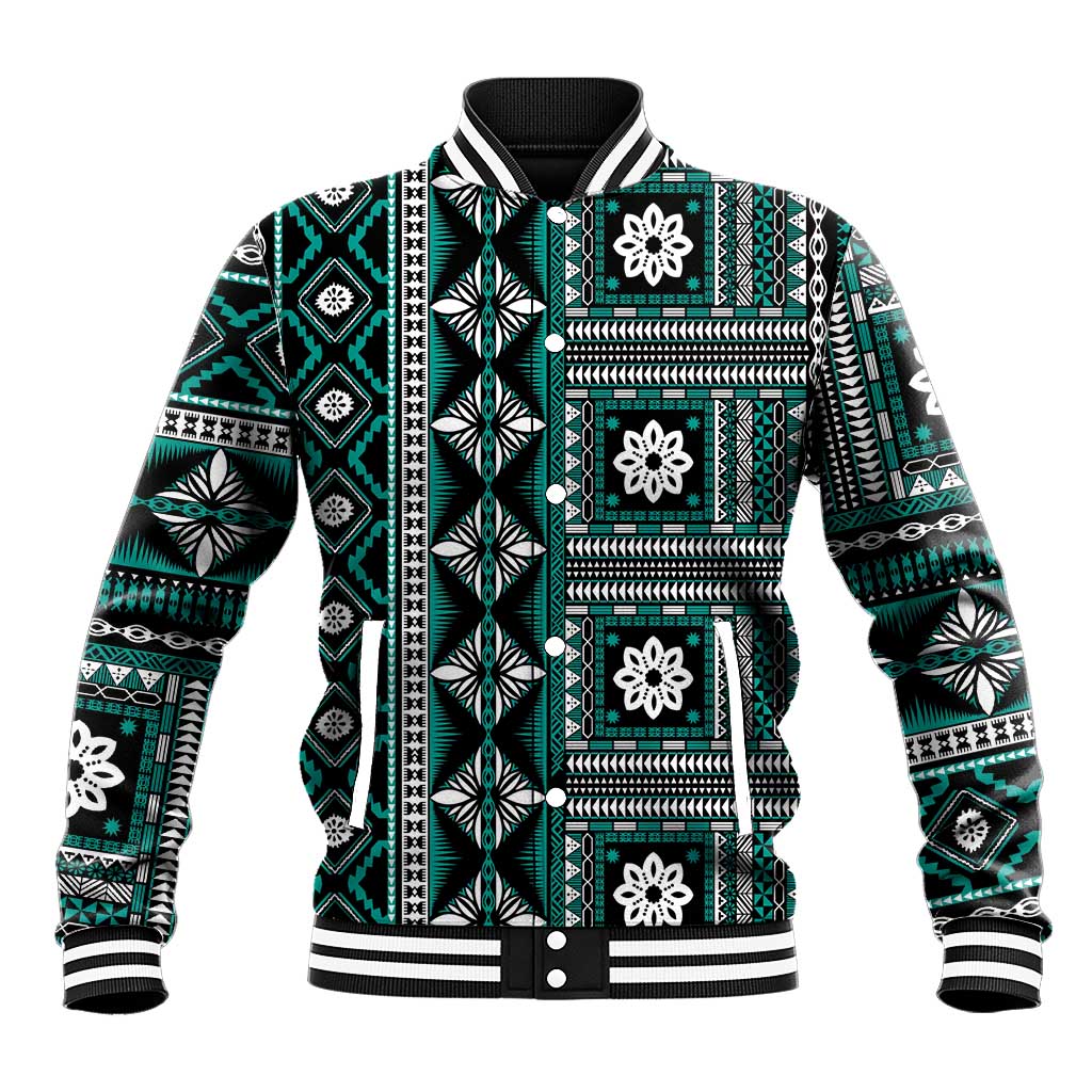 Fiji Masi Tapa Pattern Teal Baseball Jacket - Polynesian Pride