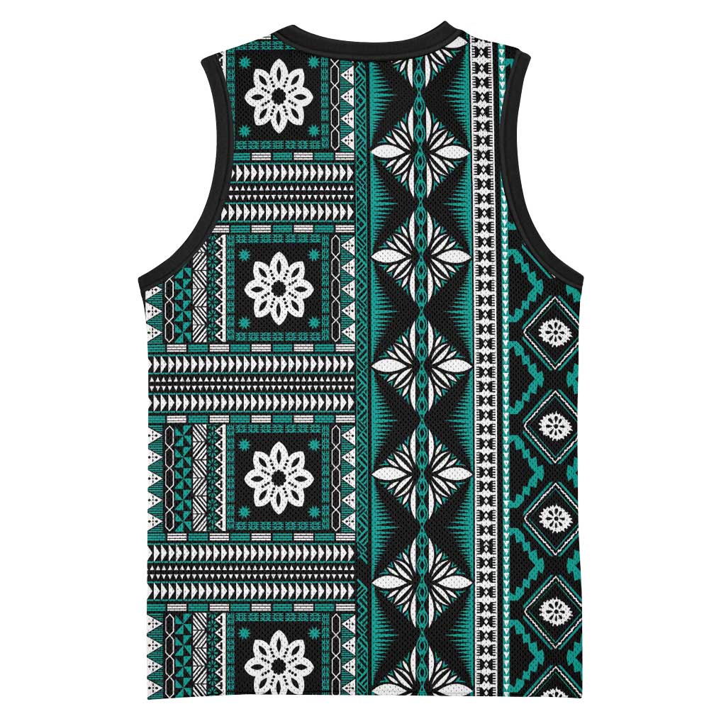 Fiji Masi Tapa Pattern Teal Basketball Jersey - Polynesian Pride