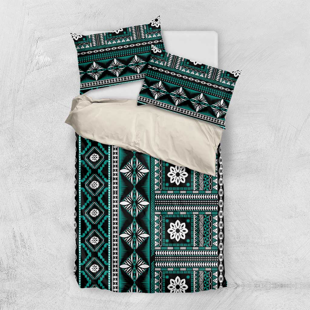 Fiji Masi Tapa Pattern Teal Bedding Set - Polynesian Pride
