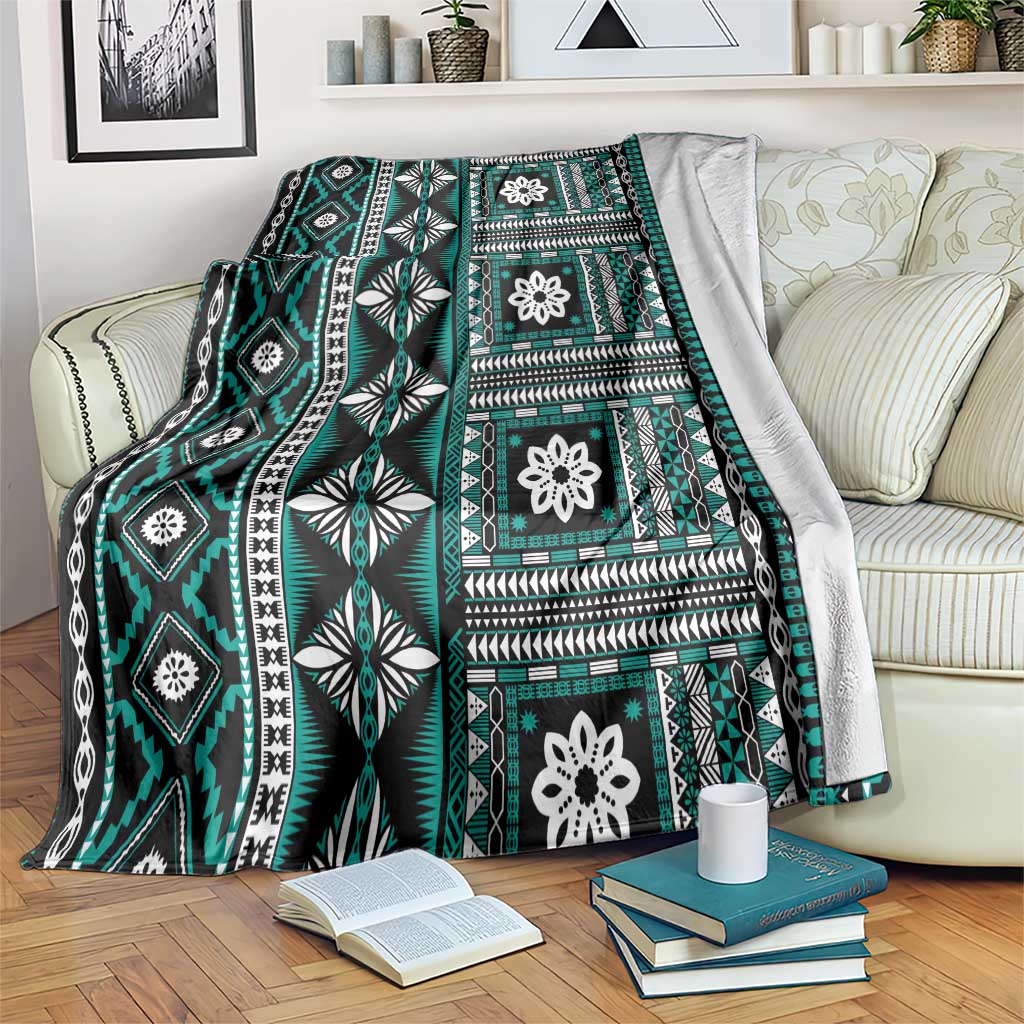 Fiji Masi Tapa Pattern Teal Blanket - Polynesian Pride