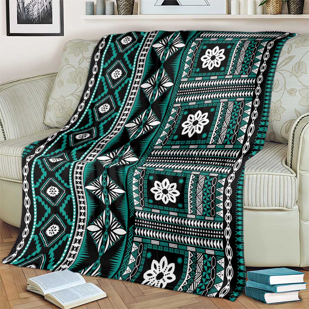 Fiji Masi Tapa Pattern Teal Blanket - Polynesian Pride