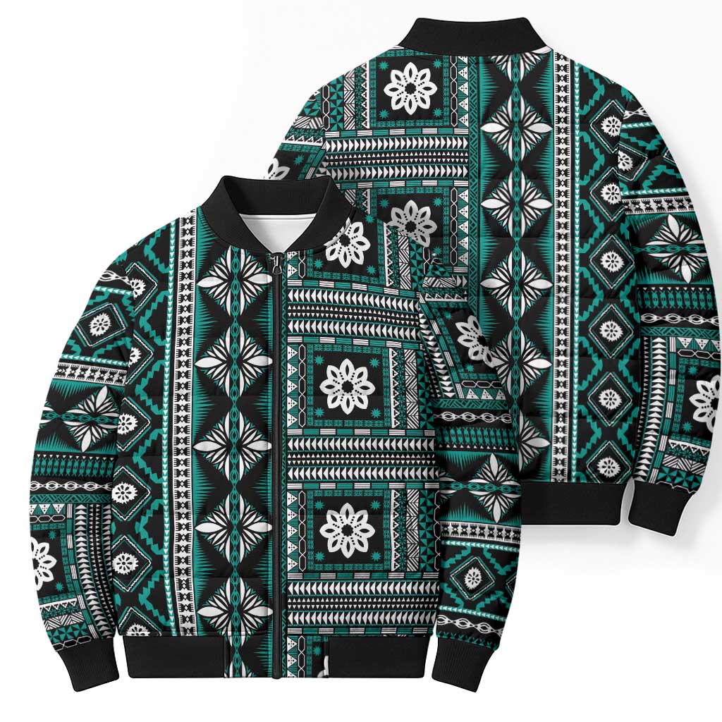 Fiji Masi Tapa Pattern Teal Bomber Puffer Jacket - Polynesian Pride