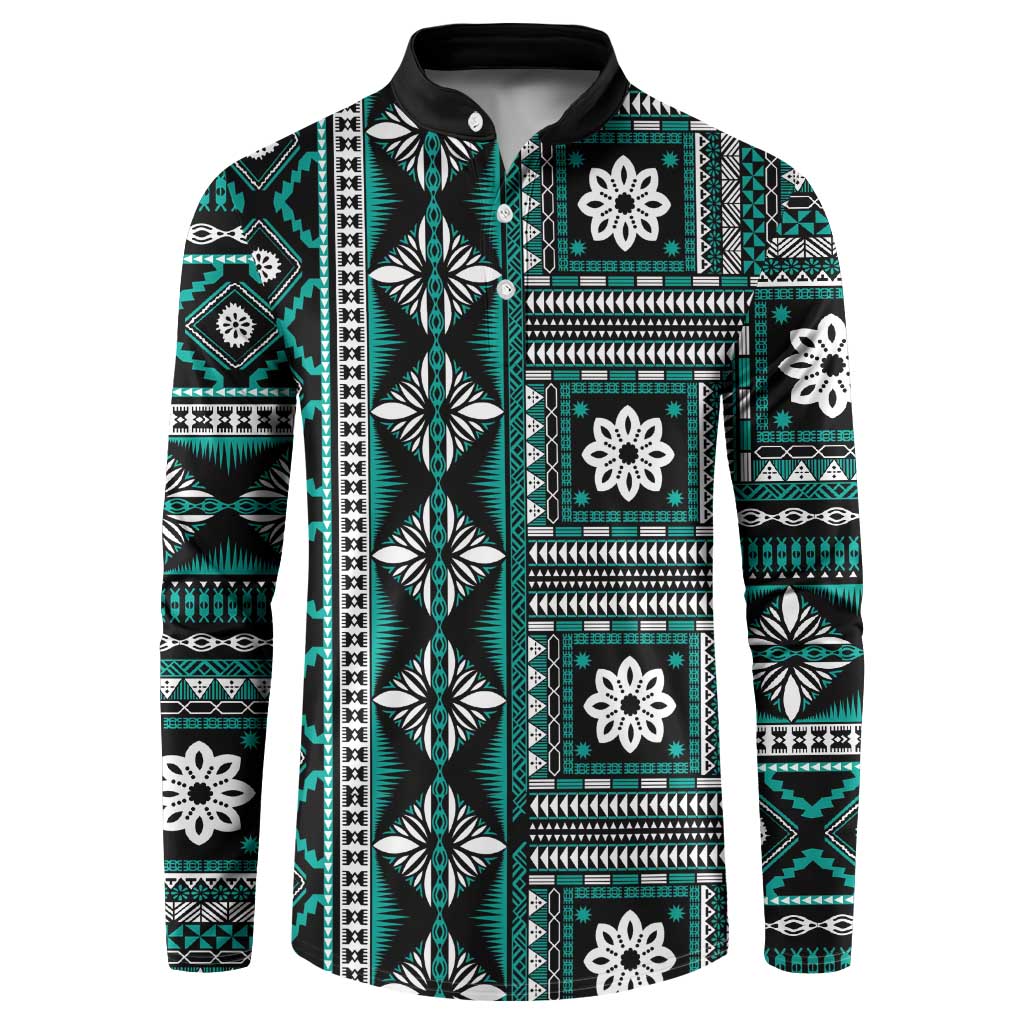Fiji Masi Tapa Pattern Teal Button Sweatshirt - Polynesian Pride