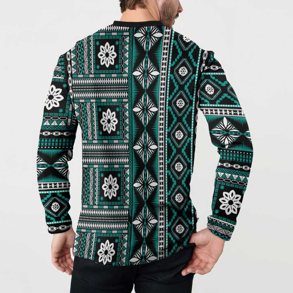 Fiji Masi Tapa Pattern Teal Button Sweatshirt - Polynesian Pride