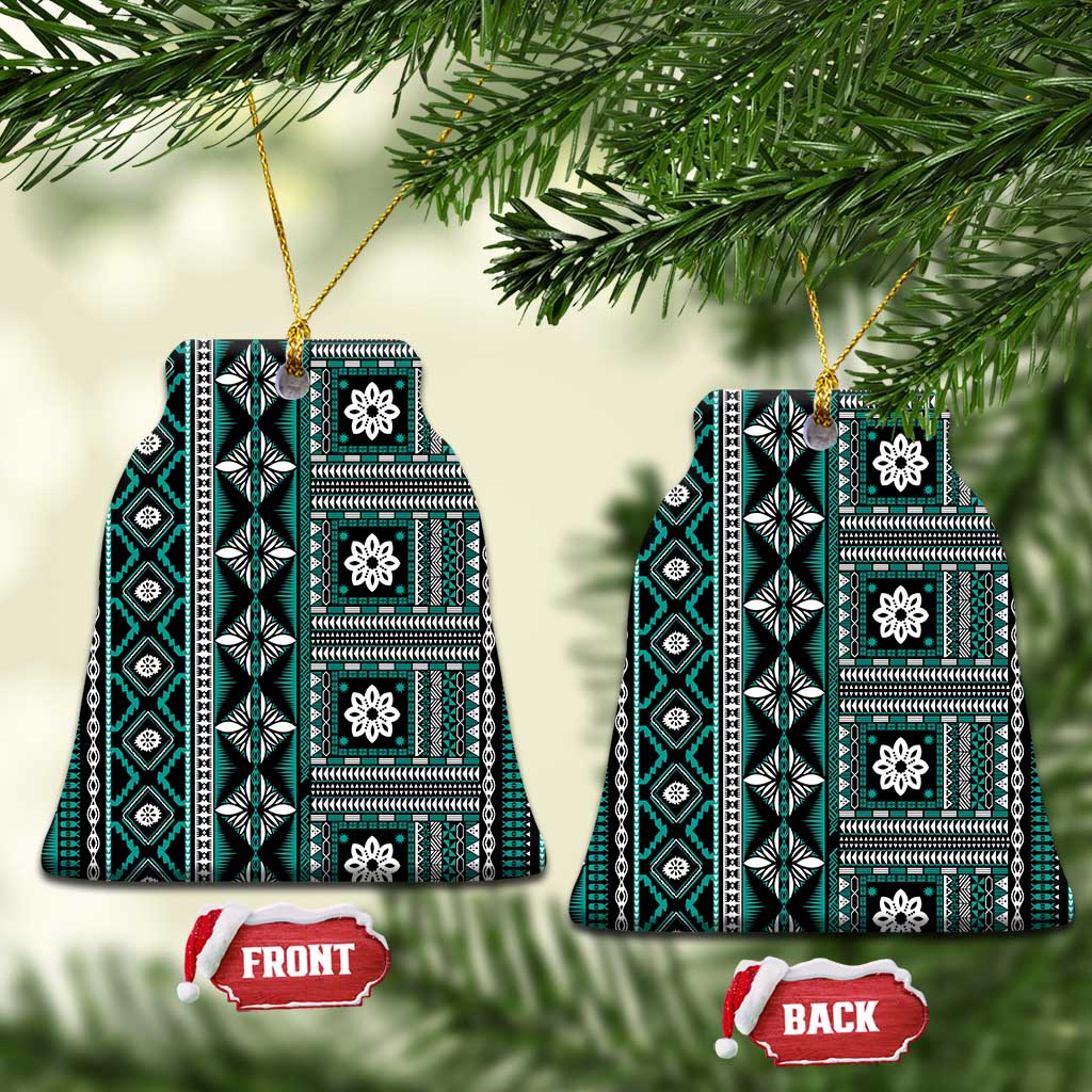 Fiji Masi Tapa Pattern Teal Ceramic Ornament LT01 Bell Flake Teal - Polynesian Pride