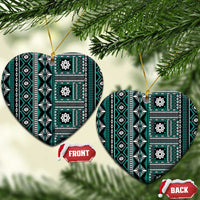 Fiji Masi Tapa Pattern Teal Ceramic Ornament LT01 Heart Teal - Polynesian Pride