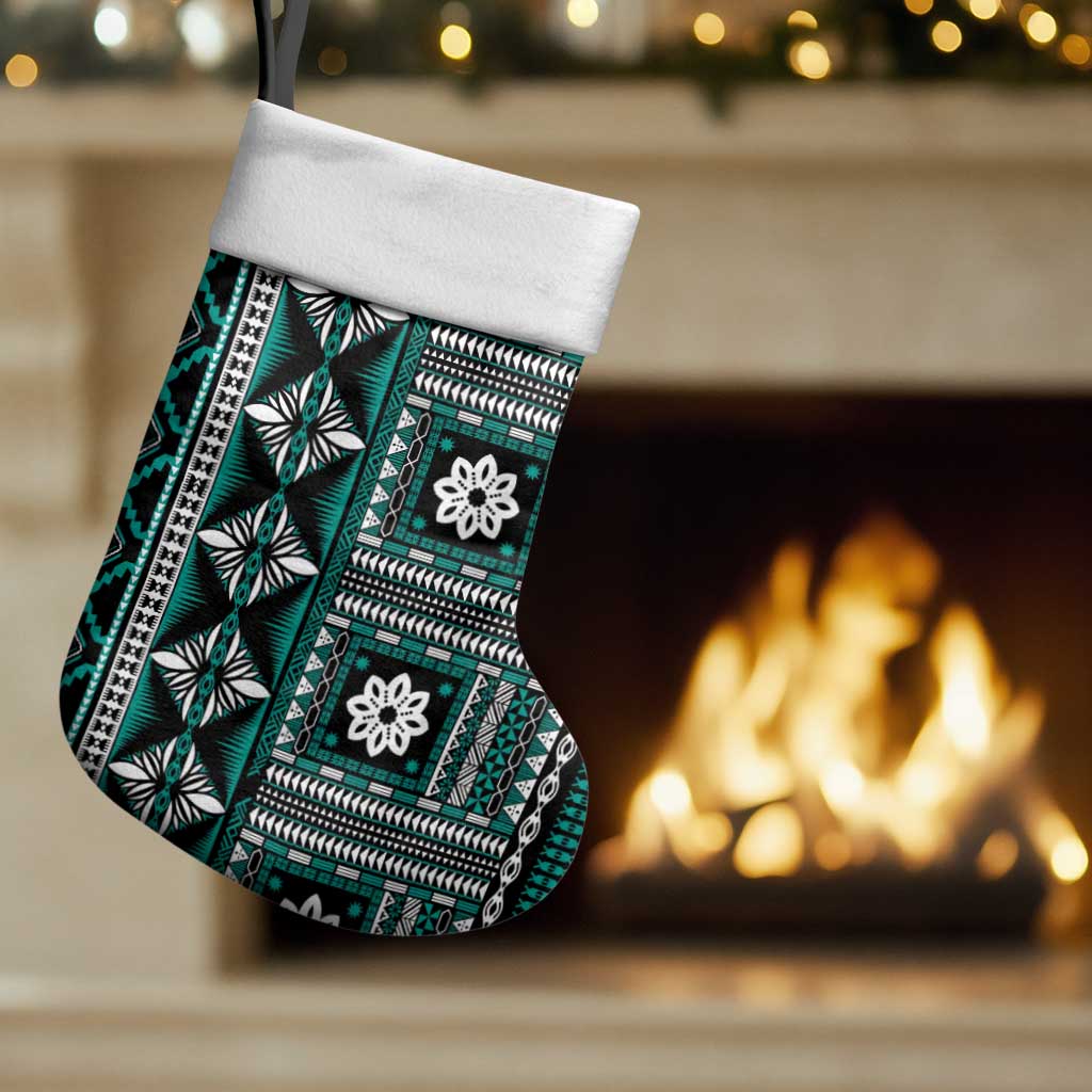 Fiji Masi Tapa Pattern Teal Christmas Stocking - Polynesian Pride