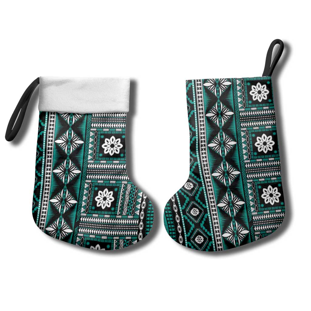 Fiji Masi Tapa Pattern Teal Christmas Stocking - Polynesian Pride