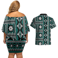 Fiji Masi Tapa Pattern Teal Couples Matching Off Shoulder Short Dress and Hawaiian Shirt - Polynesian Pride