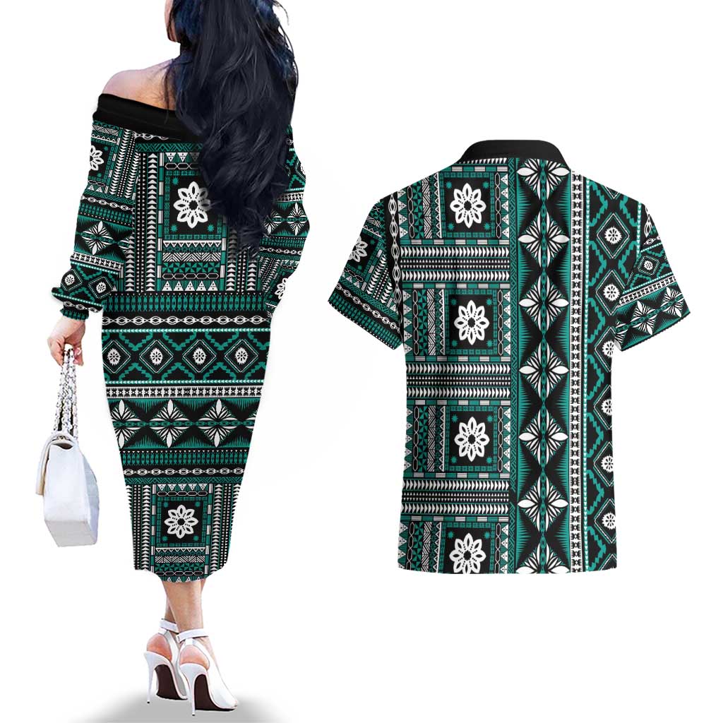 Fiji Masi Tapa Pattern Teal Couples Matching Off The Shoulder Long Sleeve Dress and Hawaiian Shirt - Polynesian Pride