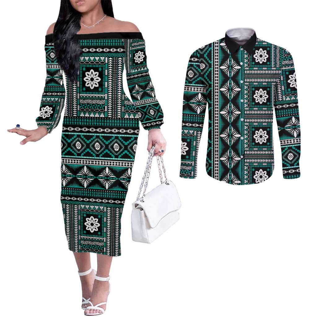 Fiji Masi Tapa Pattern Teal Couples Matching Off The Shoulder Long Sleeve Dress and Long Sleeve Button Shirt - Polynesian Pride