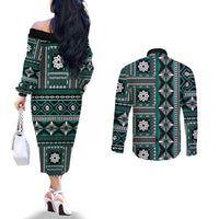 Fiji Masi Tapa Pattern Teal Couples Matching Off The Shoulder Long Sleeve Dress and Long Sleeve Button Shirt - Polynesian Pride
