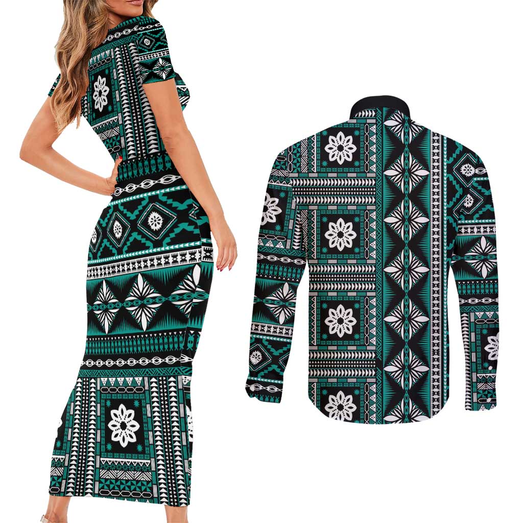 Fiji Masi Tapa Pattern Teal Couples Matching Short Sleeve Bodycon Dress and Long Sleeve Button Shirt - Polynesian Pride
