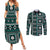 Fiji Masi Tapa Pattern Teal Couples Matching Summer Maxi Dress and Long Sleeve Button Shirt - Polynesian Pride