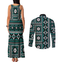 Fiji Masi Tapa Pattern Teal Couples Matching Tank Maxi Dress and Long Sleeve Button Shirt - Polynesian Pride