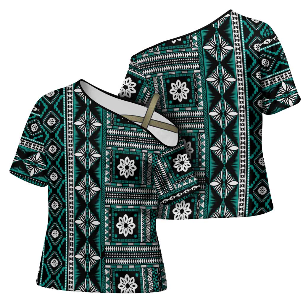 Fiji Masi Tapa Pattern Teal Cross Shoulder Shirt - Polynesian Pride
