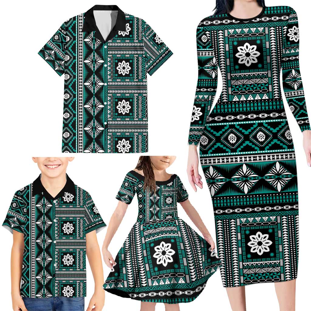 Fiji Masi Tapa Pattern Teal Family Matching Long Sleeve Bodycon Dress and Hawaiian Shirt - Polynesian Pride