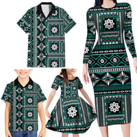 Fiji Masi Tapa Pattern Teal Family Matching Long Sleeve Bodycon Dress and Hawaiian Shirt - Polynesian Pride