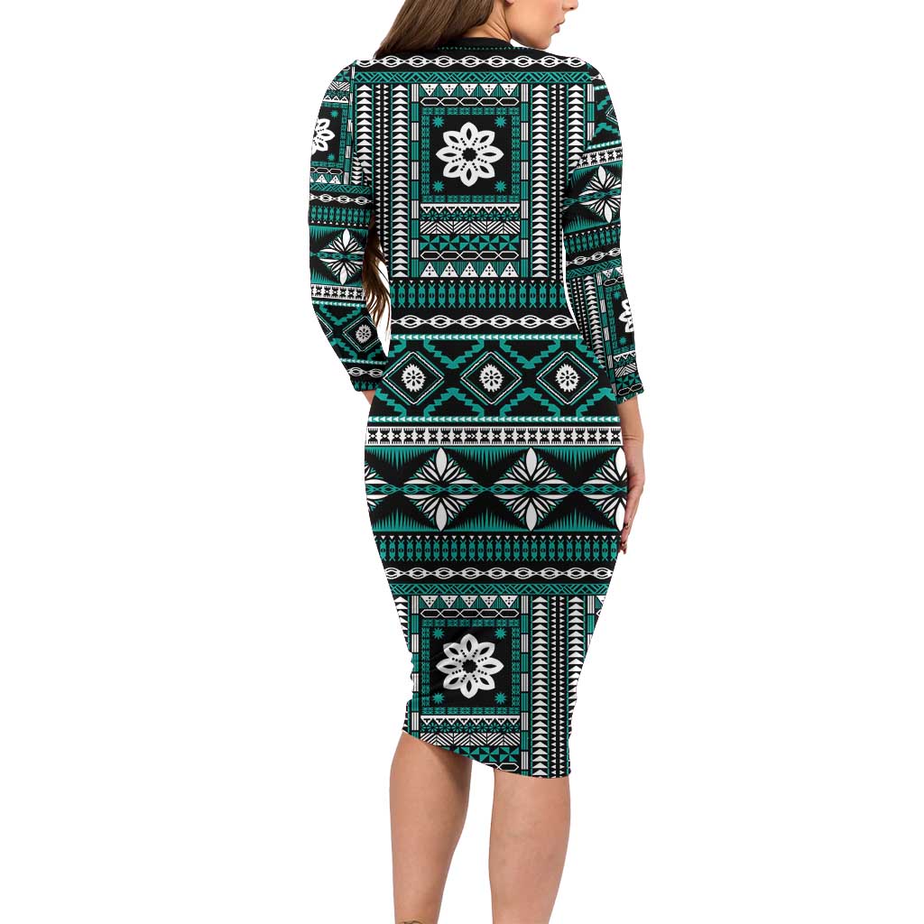 Fiji Masi Tapa Pattern Teal Family Matching Long Sleeve Bodycon Dress and Hawaiian Shirt - Polynesian Pride