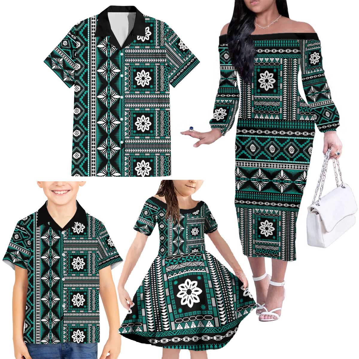Fiji Masi Tapa Pattern Teal Family Matching Off The Shoulder Long Sleeve Dress and Hawaiian Shirt - Polynesian Pride