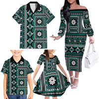 Fiji Masi Tapa Pattern Teal Family Matching Off The Shoulder Long Sleeve Dress and Hawaiian Shirt - Polynesian Pride