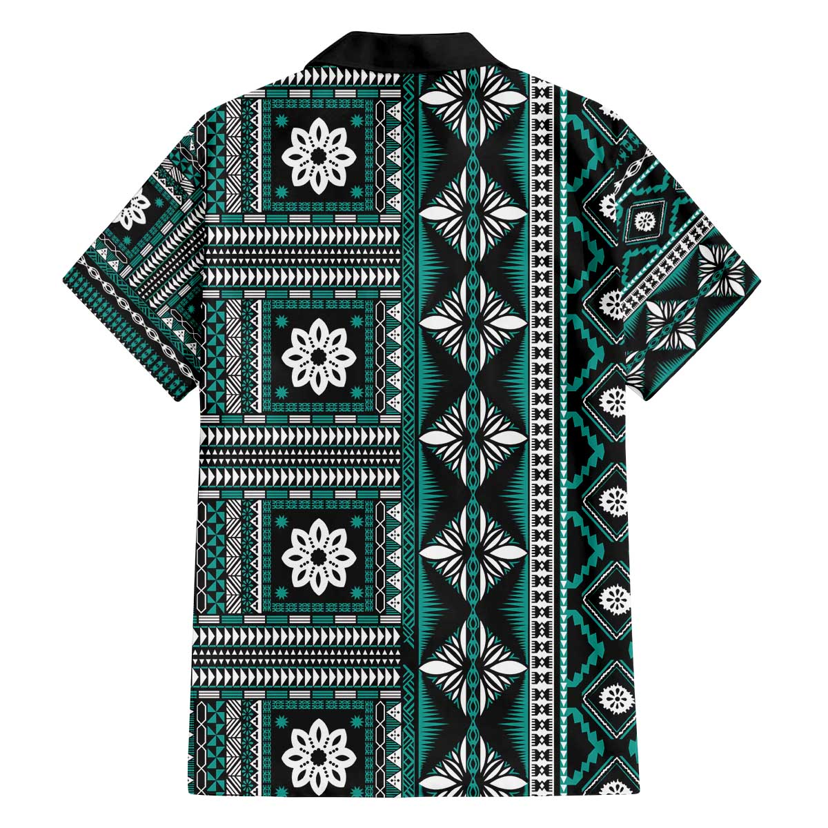 Fiji Masi Tapa Pattern Teal Family Matching Off The Shoulder Long Sleeve Dress and Hawaiian Shirt - Polynesian Pride